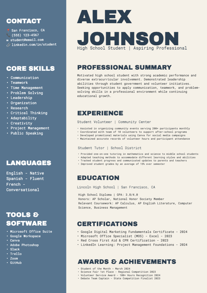 High School Student Resume in Blue