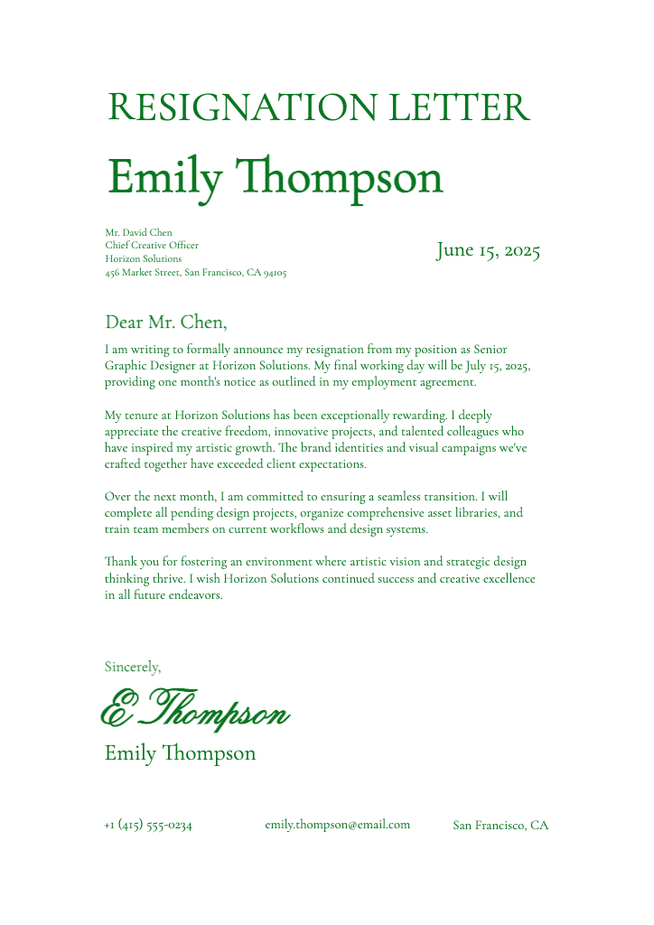 Elegant Green Resignation Letter Template Design