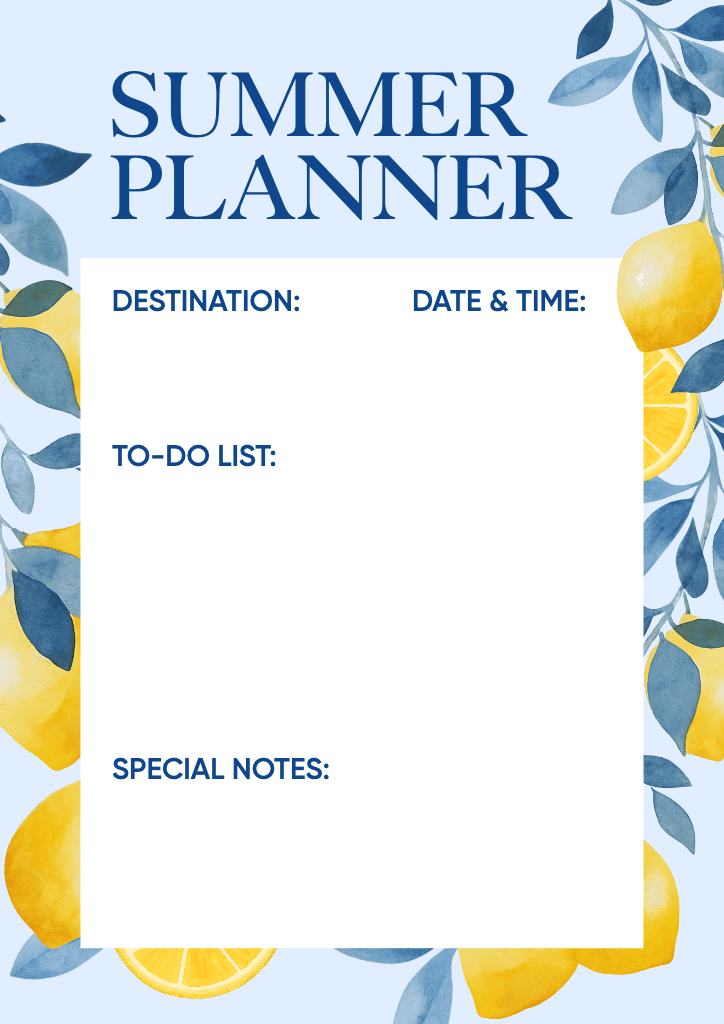 Blue and Yellow A4 Summer Planner Template