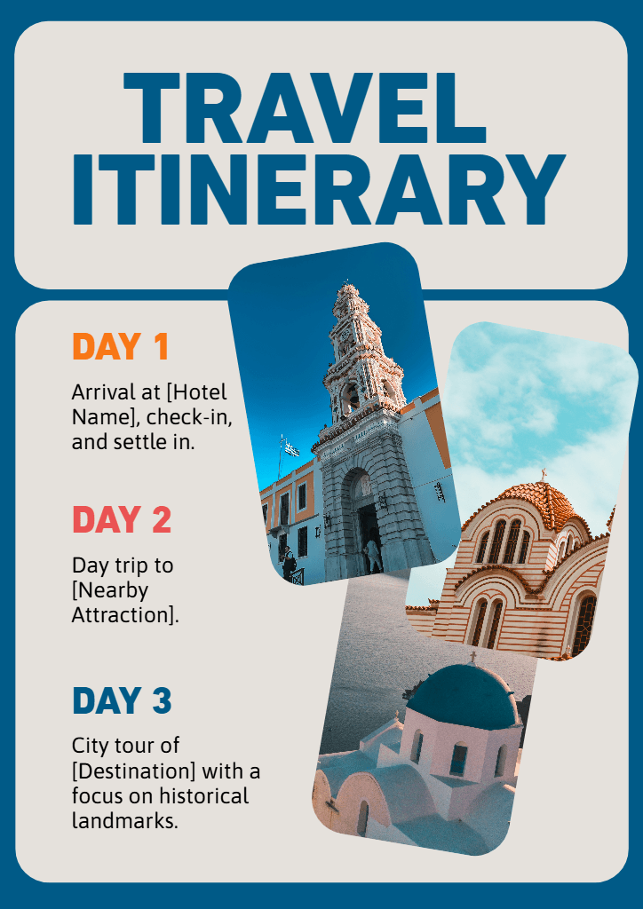 Vibrant Travel Itinerary A4 with Blue Highlights