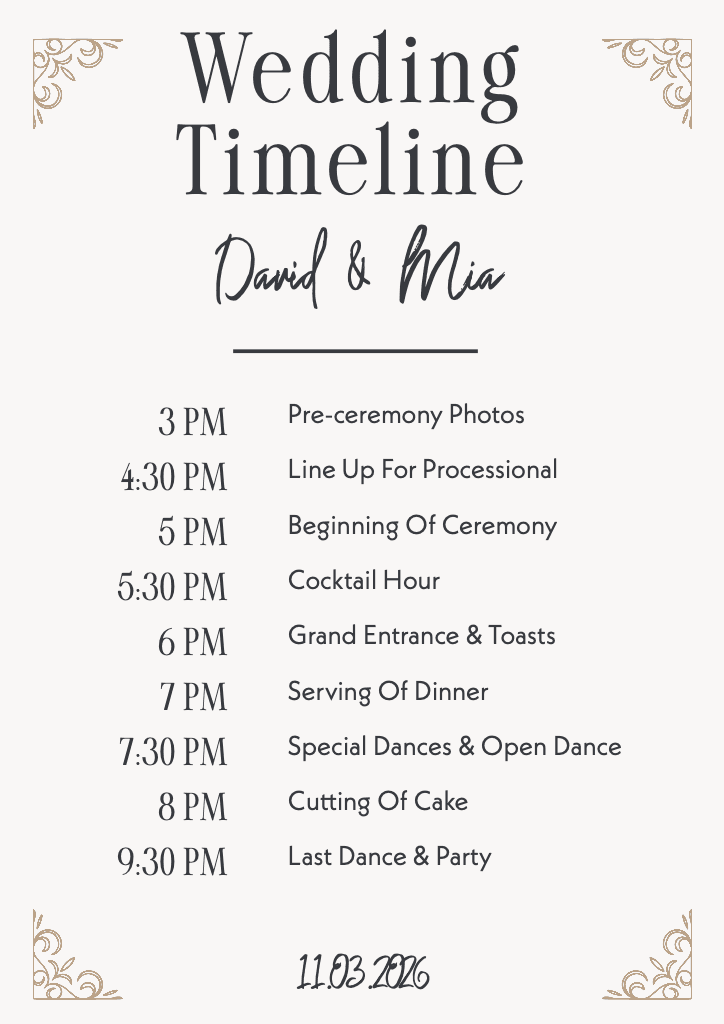 Elegant Wedding Timeline A4 with Beige Accents