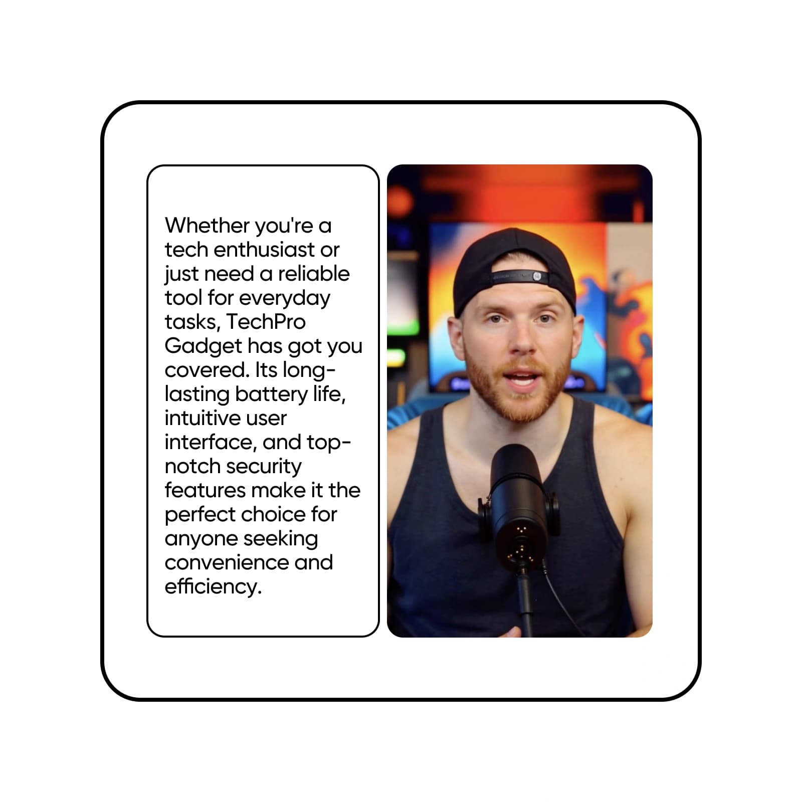 Product script beside a talking-head video of a creator at a microphone