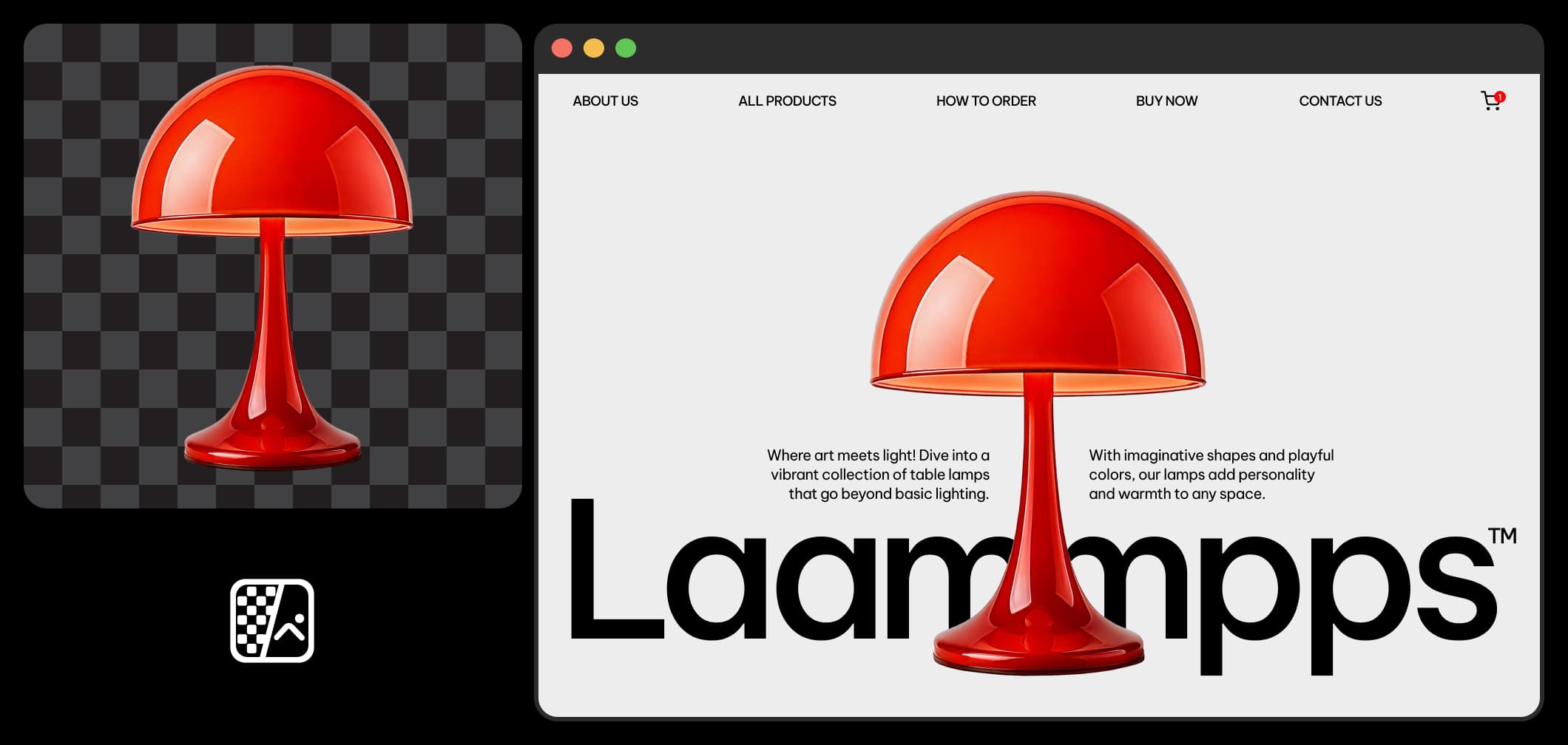 Laammpps banner with a cutout red lamp and bold headline