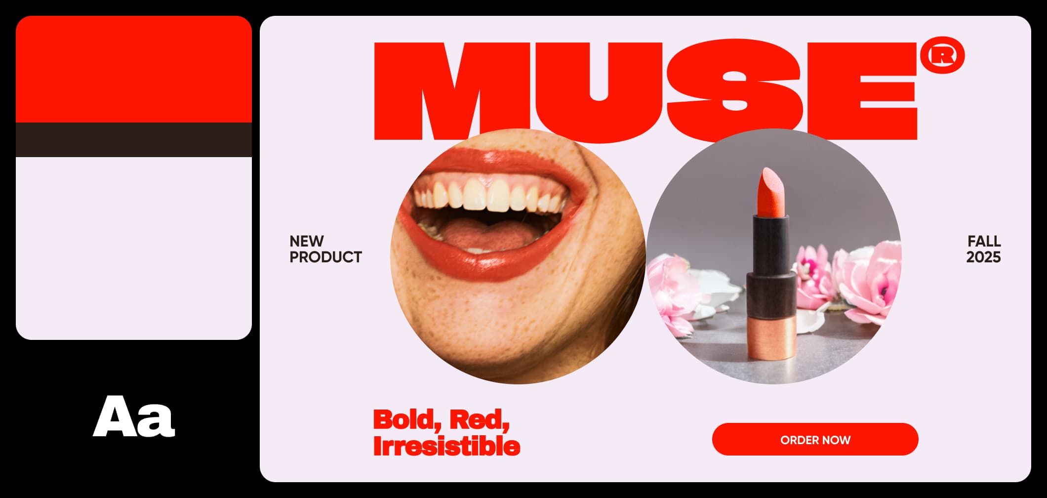 MUSE lipstick banner with matching brand colors and font
