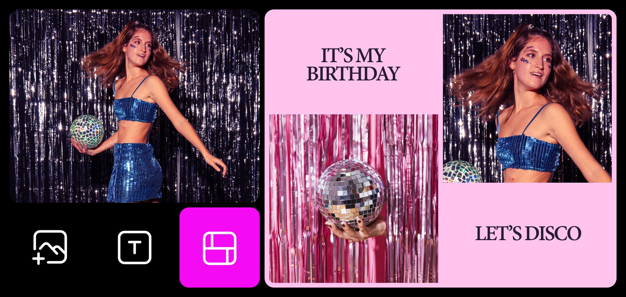 A disco birthday collage with the words It’s my birthday