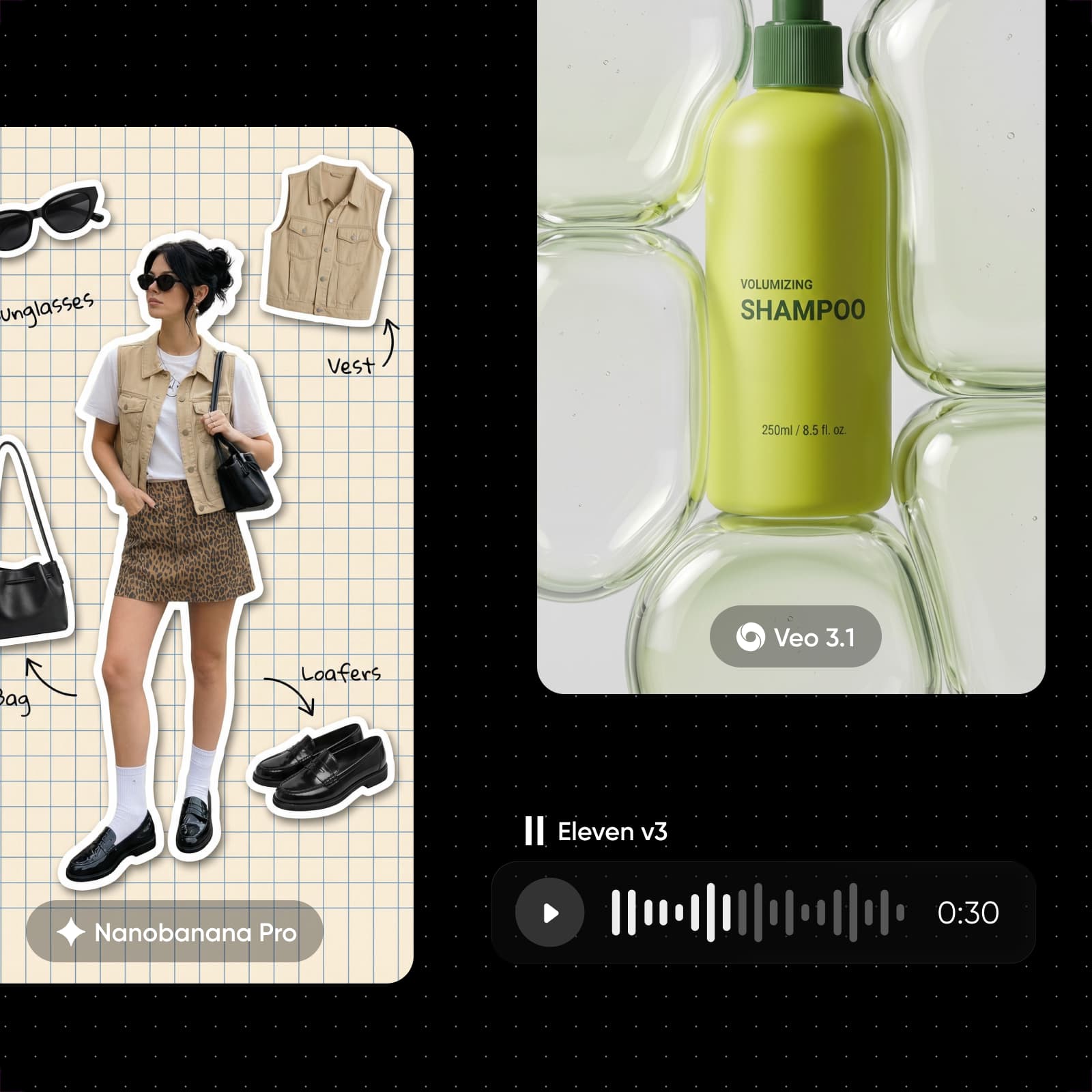 Matching set of content for one brand: an outfit flat lay, a product shot and a voiceover