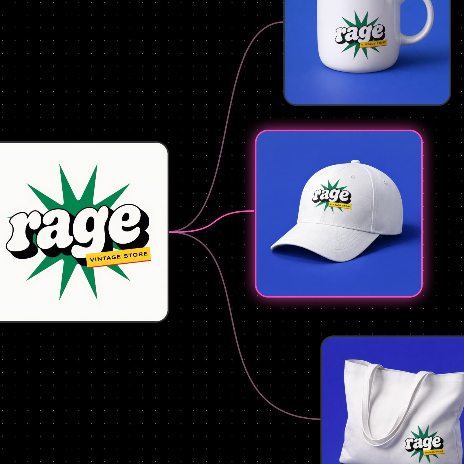 One logo applied to a mug, a cap and a tote bag in Picsart Flow