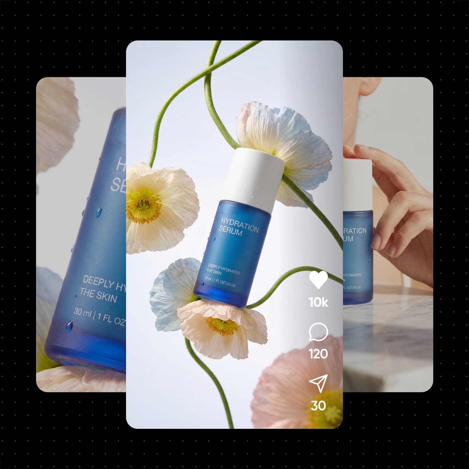 Serum product ad shown as a social post with likes and comments