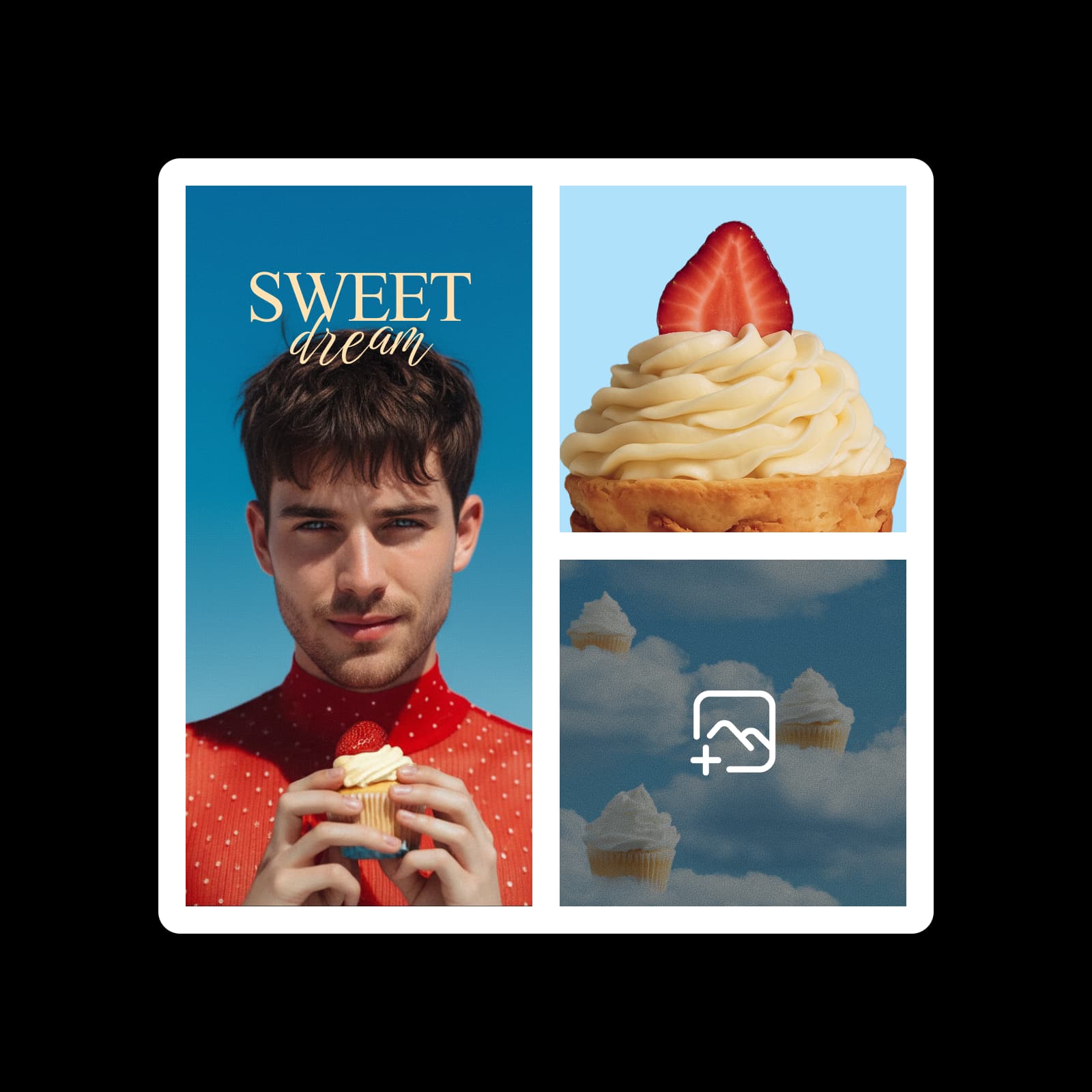 A birthday card layout with a portrait and a strawberry cupcake