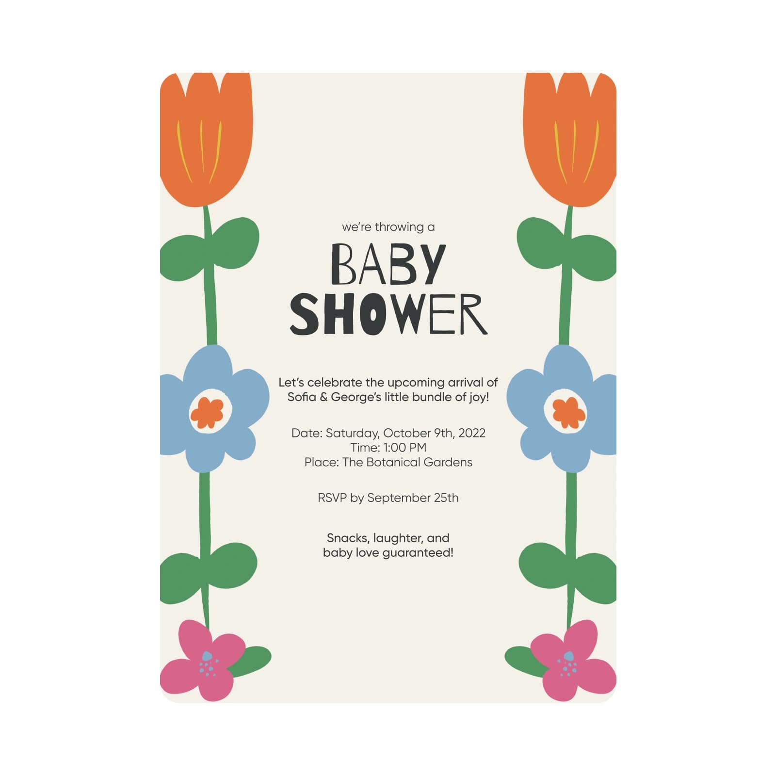 Baby shower invitation with bold tulips on a cream background