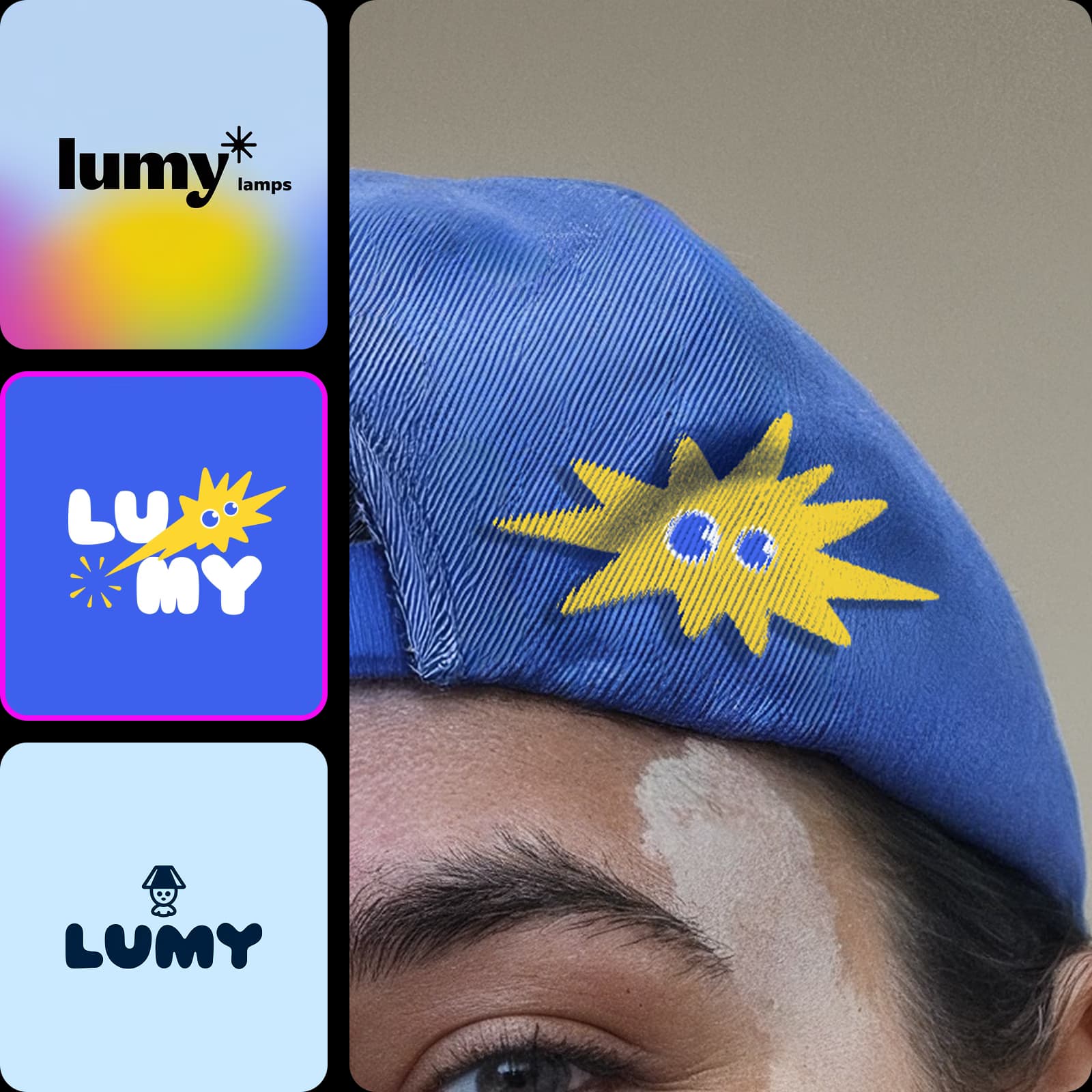 세 가지 스타일과 파란 모자에 적용된 Lumy 로고