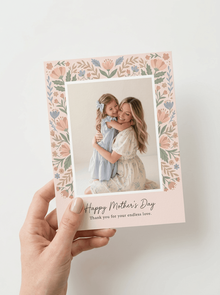 Hand holding a floral Mother's Day photo card of a mother hugging her daughter