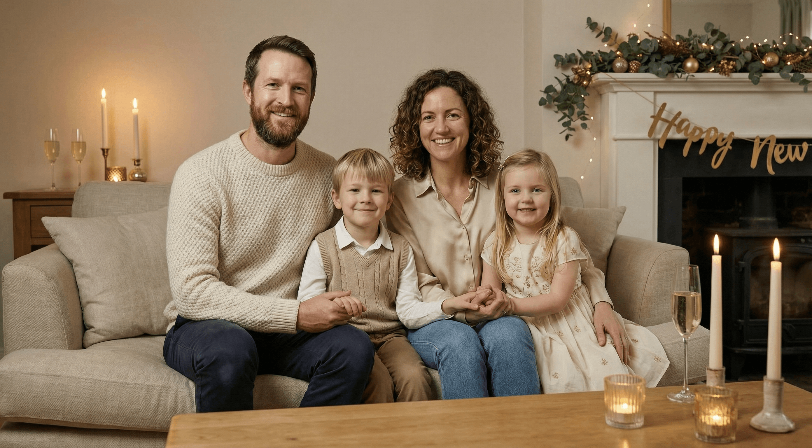 Family of four on a sofa by a candlelit fireplace with a Happy New Year garland