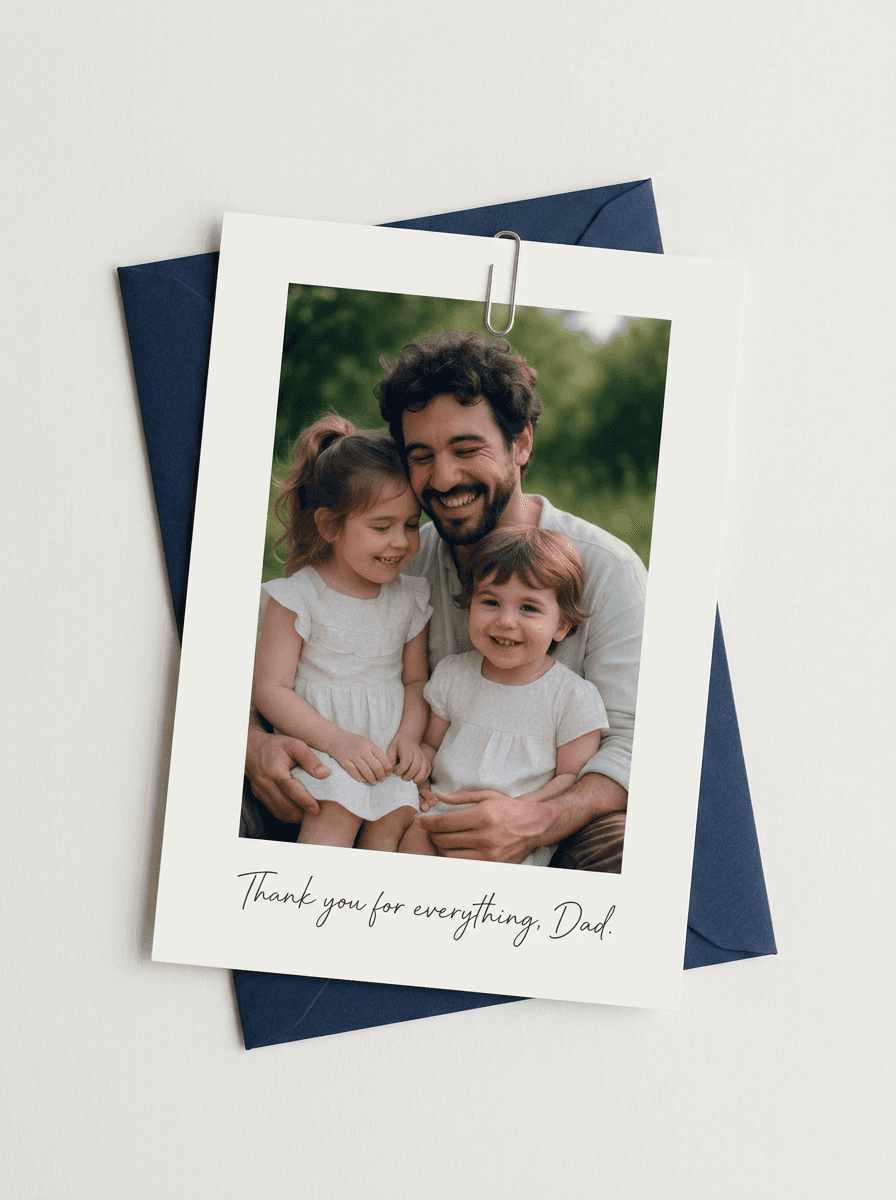 Father's Day photo card reading 'Thank you for everything, Dad.' on a navy envelope, made in Picsart Flow