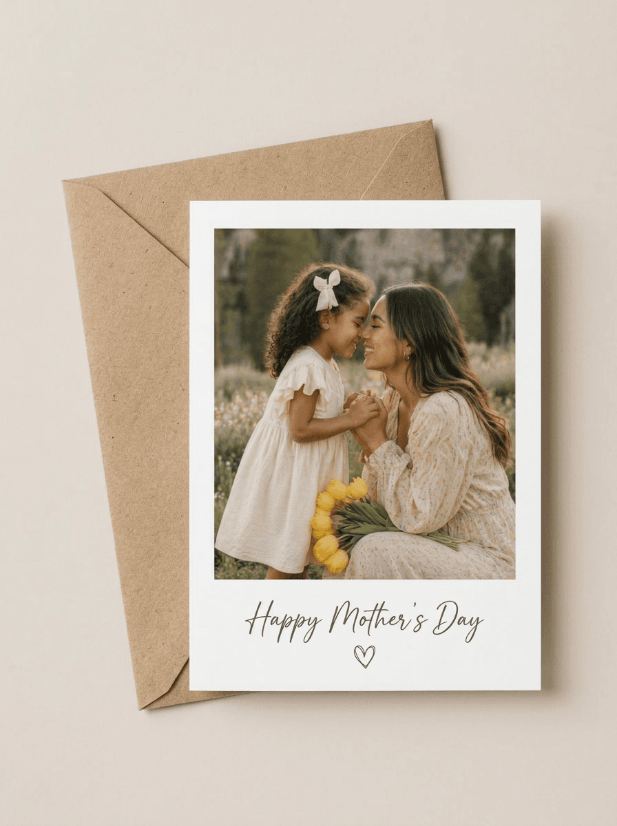 Polaroid-style Mother's Day card with a mother and daughter photo on a kraft envelope