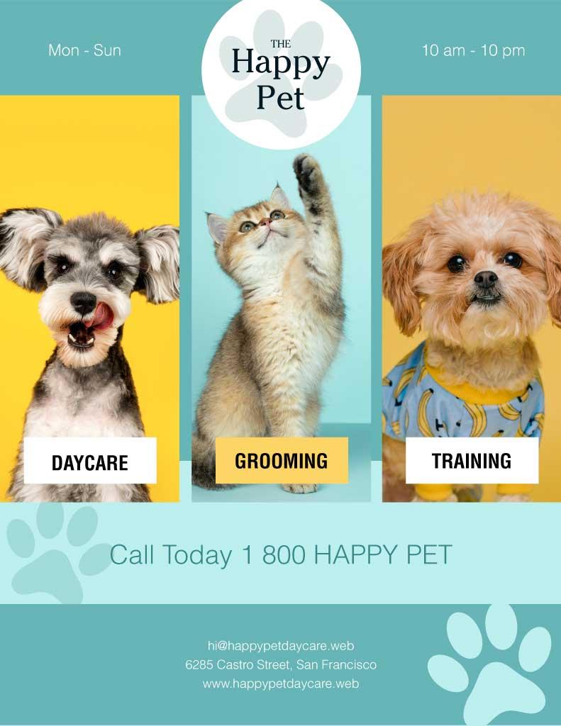 Cheerful Pet Care Services Poster Yellow Blue