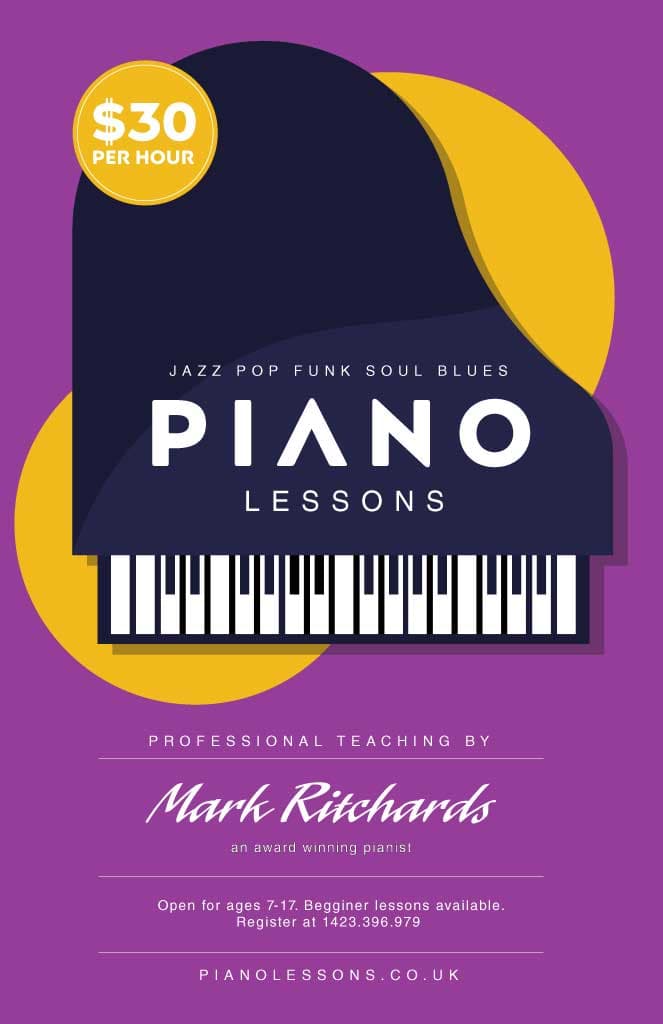 Vibrant Purple and Yellow Piano Lessons Poster