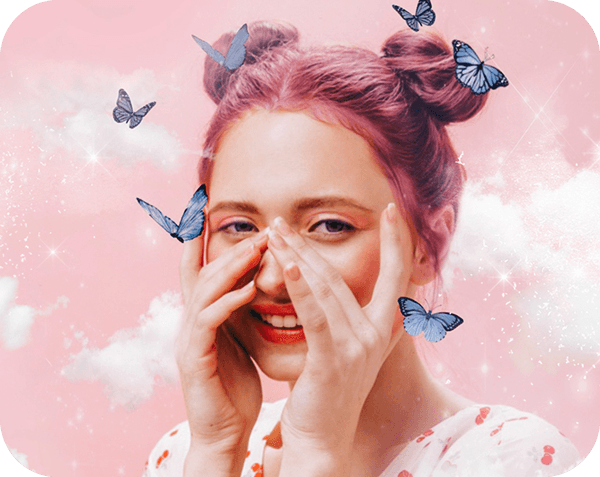 pink hair girl image on a pink background with white clouds and blue butterfly stickers