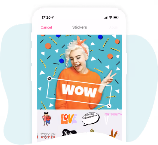 happy girl in orange sweater posing on a colorful background with a wow sticker on a photo