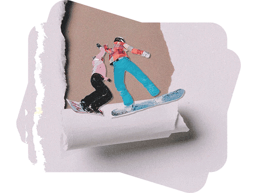 ripped paper effect on a picture of a snowboarding couple