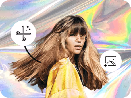 trendy blond hair girl in a yellow shirt posing on a multicolor background