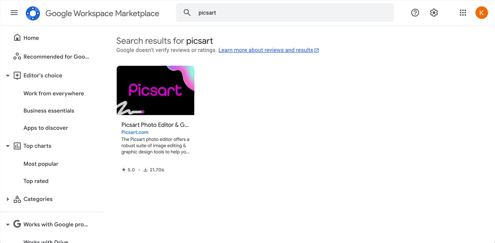 Select Picsart app in the Google Marketplace