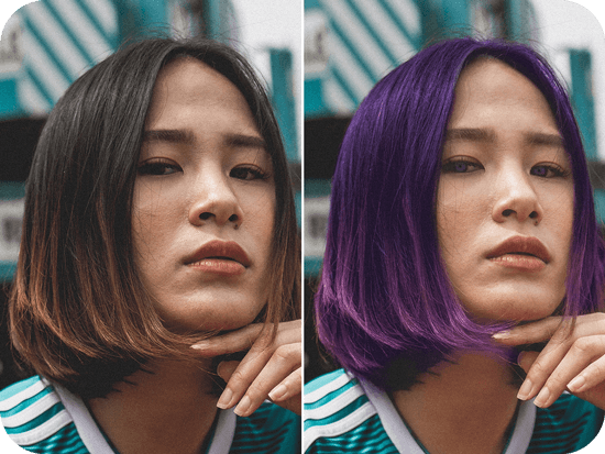 girl image before and after having purple hair
