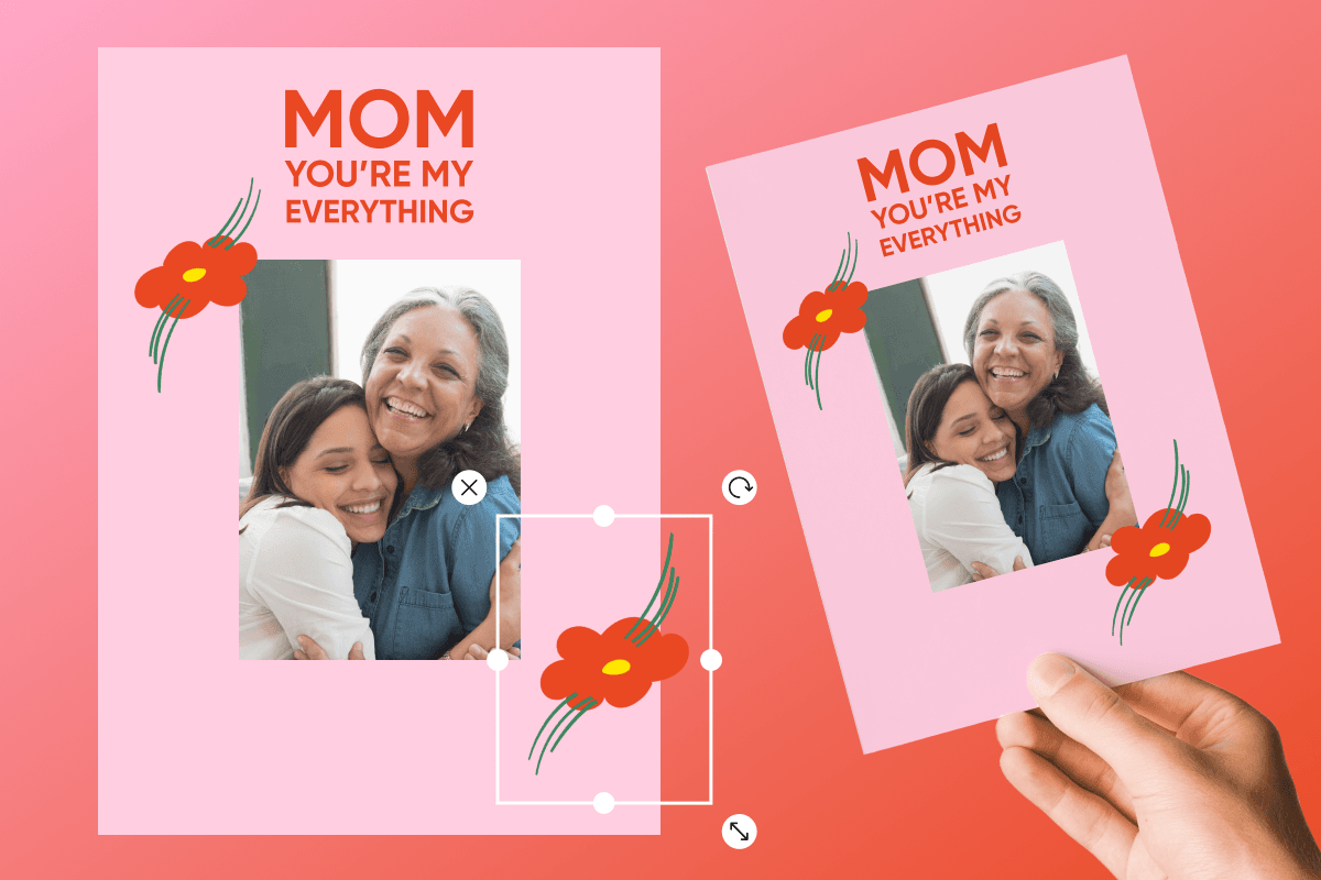 Pink Mother's Day card reading Mom you're my everything with a mother and daughter photo