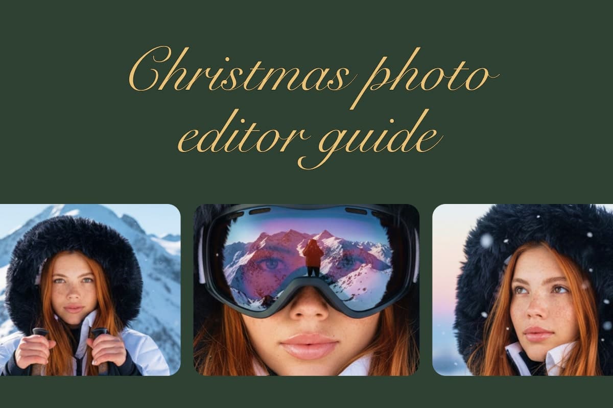 Christmas photo editor guide title above three edited winter portraits