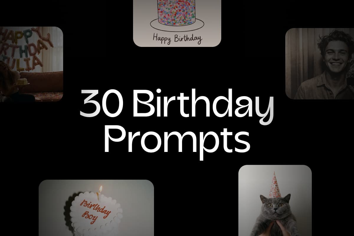 30 Birthday Prompts title surrounded by AI birthday images, including a cake and a cat in a party hat