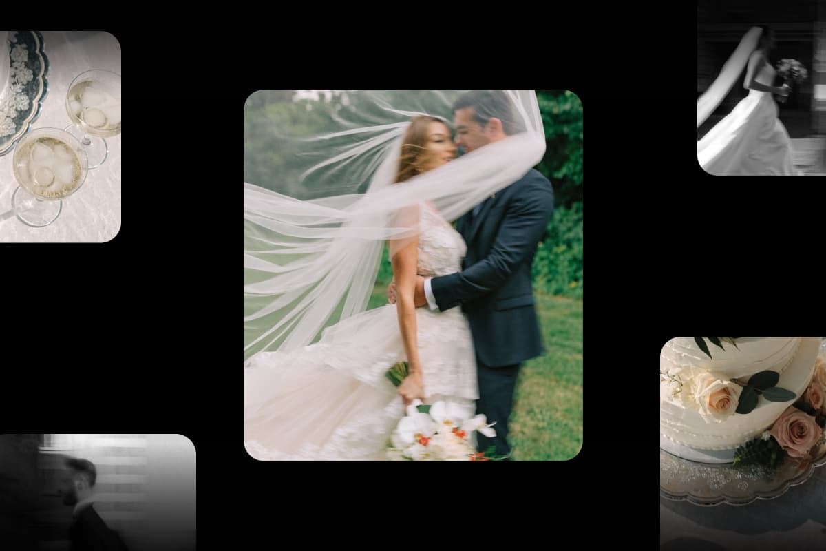 Wedding prompts cover with bride in white gown and flowing veil embracing groom in dark suit outdoors
