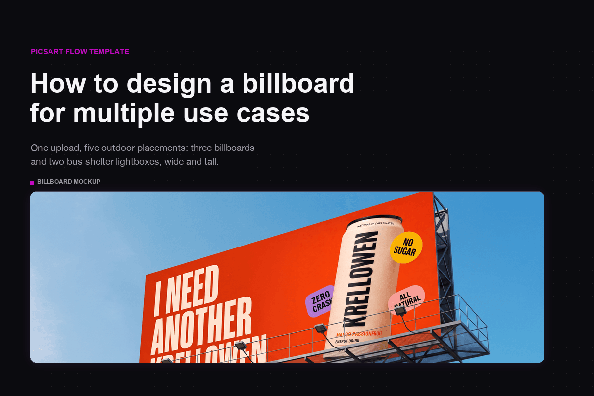 Billboard mockup showing an energy drink ad on a roadside billboard against a blue sky, created with a Picsart Flow billboard mockup template