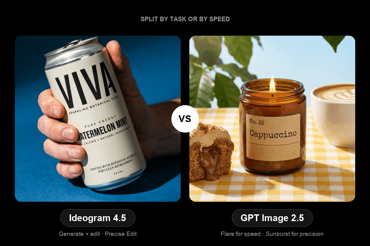 Ideogram 4.5 vs GPT Image 2.5: a hand holding a VIVA soda can beside a Cappuccino candle on a gingham table