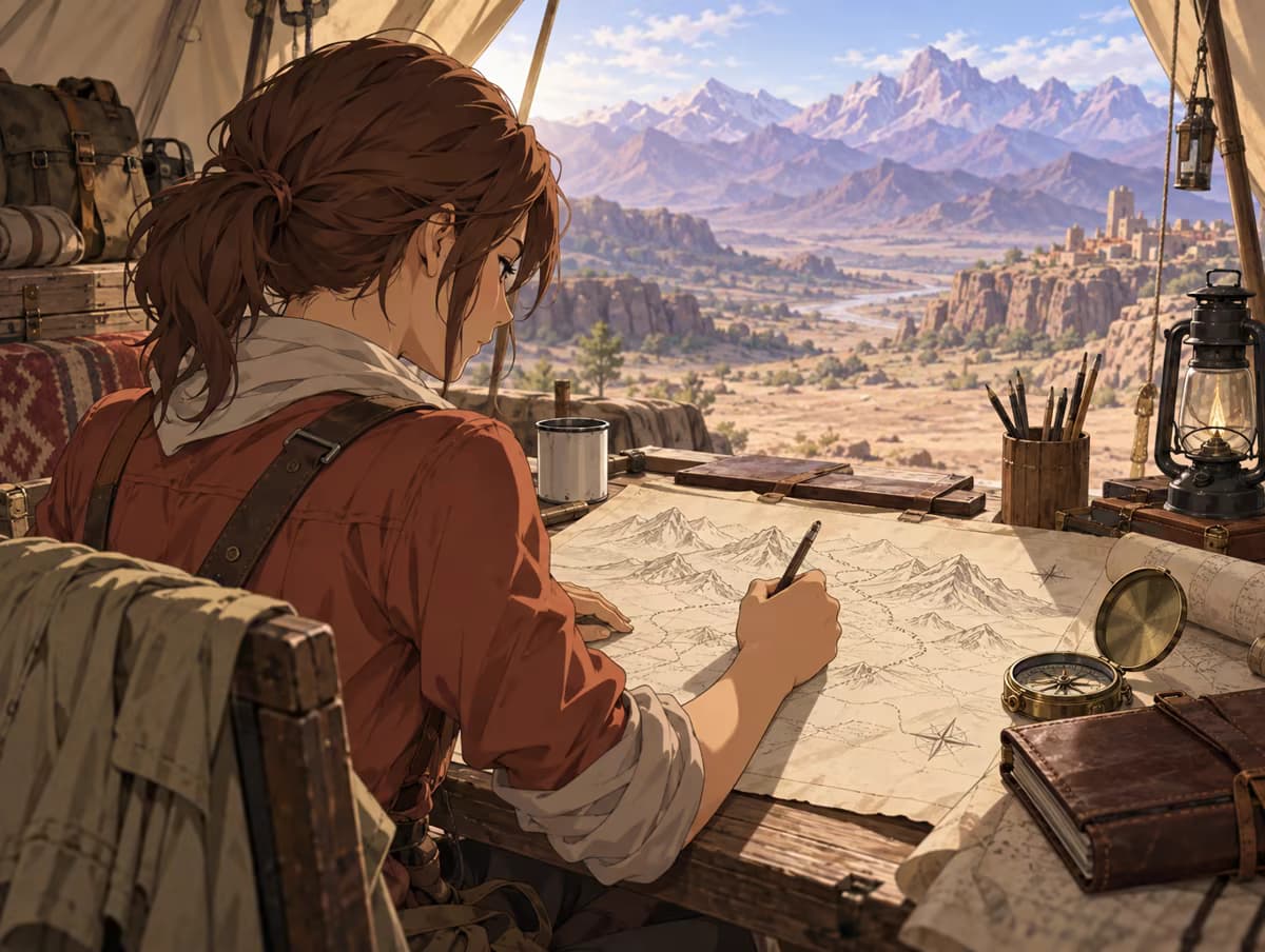Anime istraživačica skicira mapu planina u šatoru u pustinji