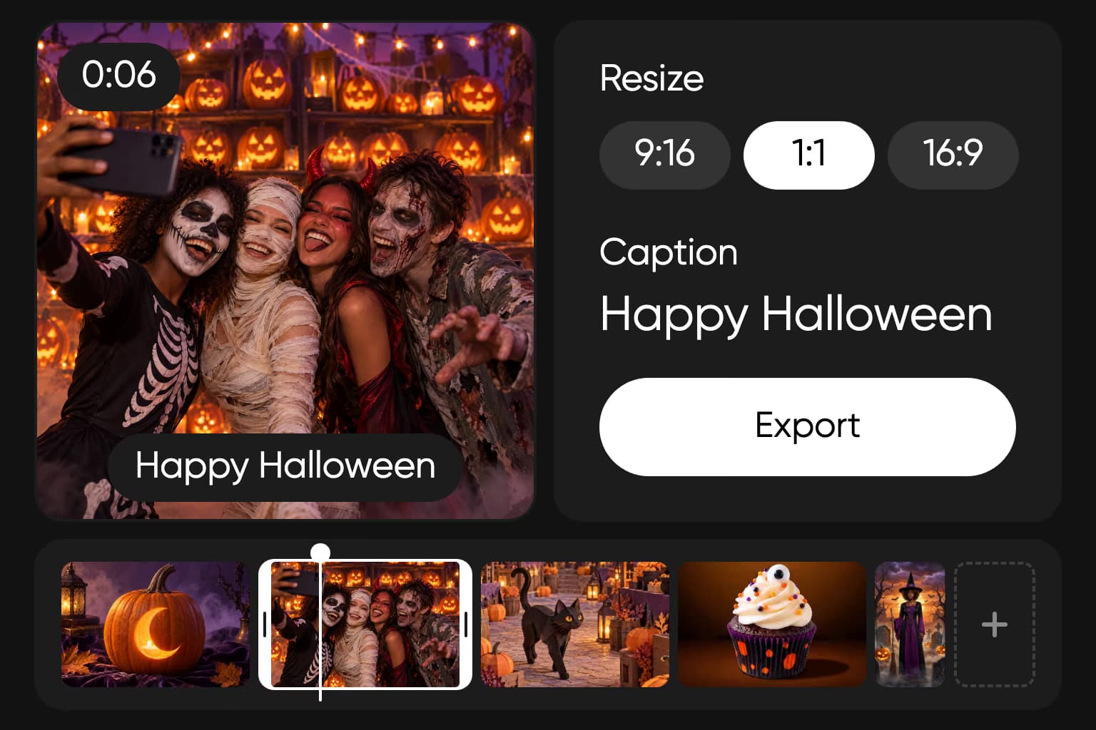 Halloween video editing with resize choices, captions and a clip timeline