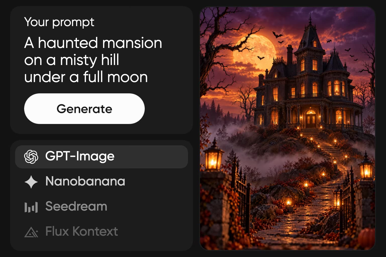AI Playground prompt and model choices beside a haunted mansion Halloween scene