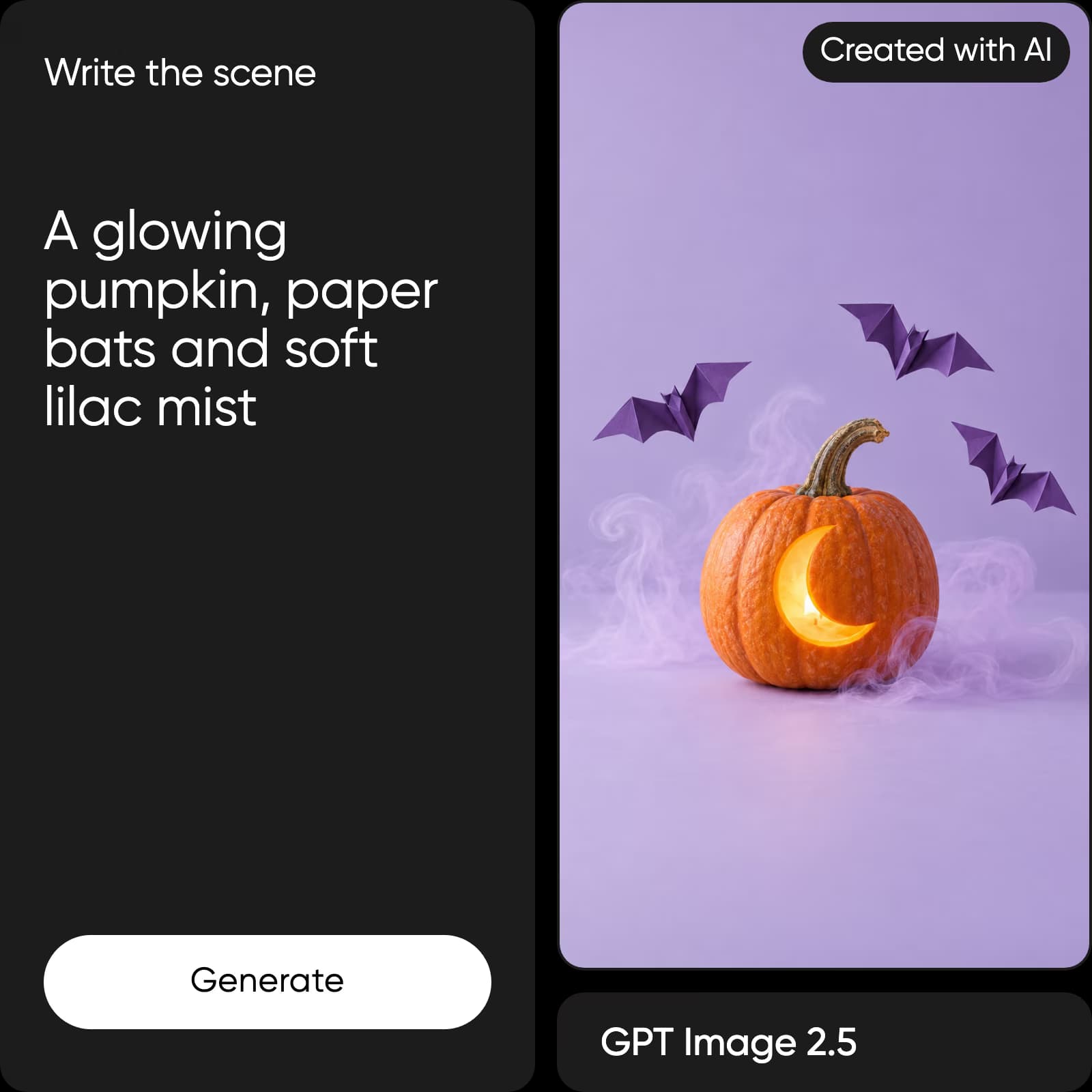 A Halloween scene prompt and its AI-generated crescent pumpkin example