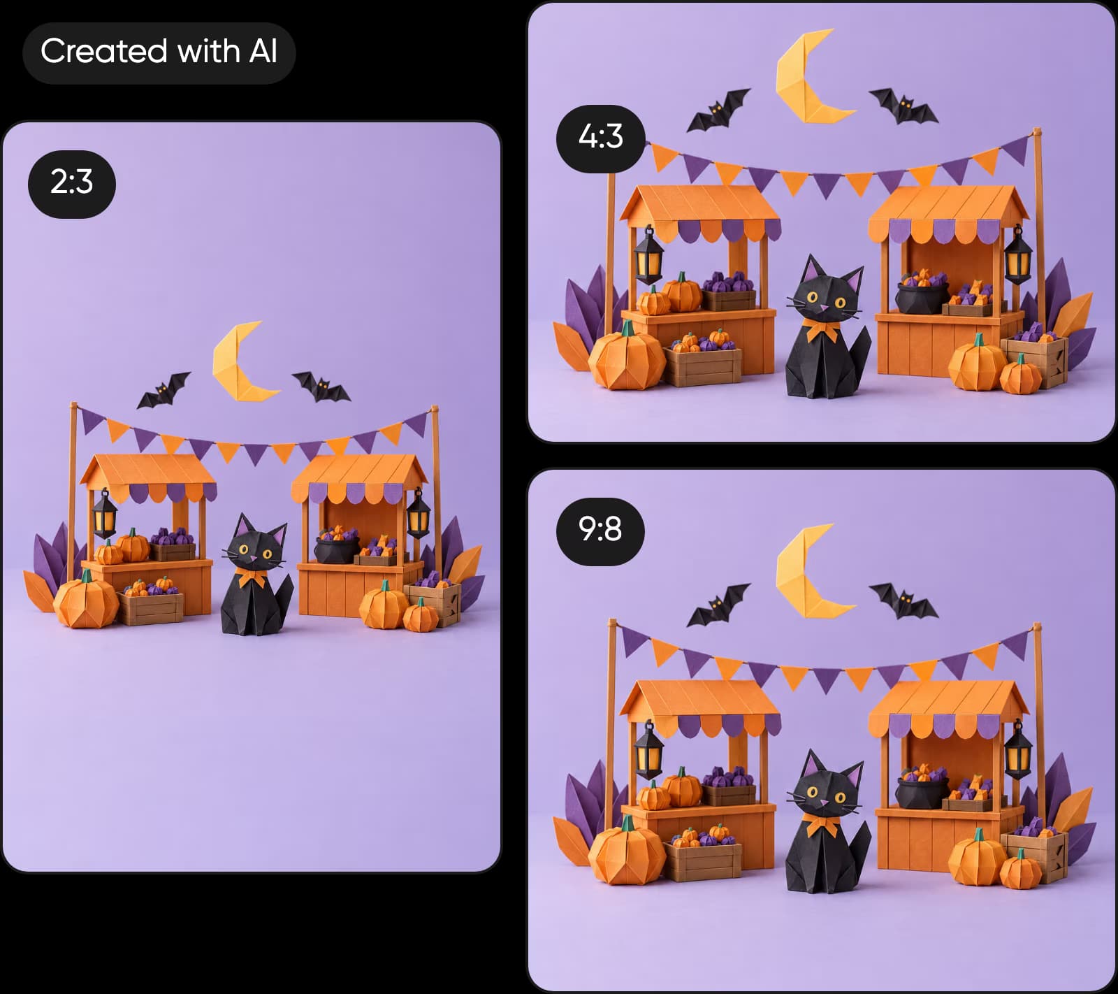 An original AI-generated paper Halloween market with a black cat adapted to three compositions