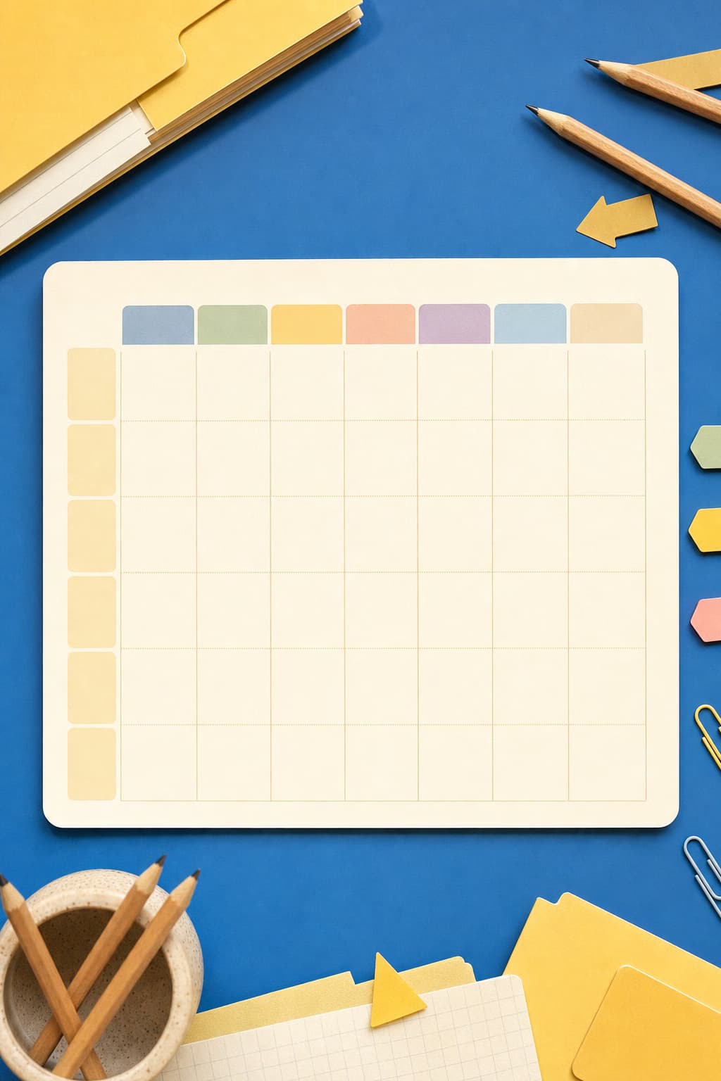 Cream weekly grid with cobalt and yellow school supplies.