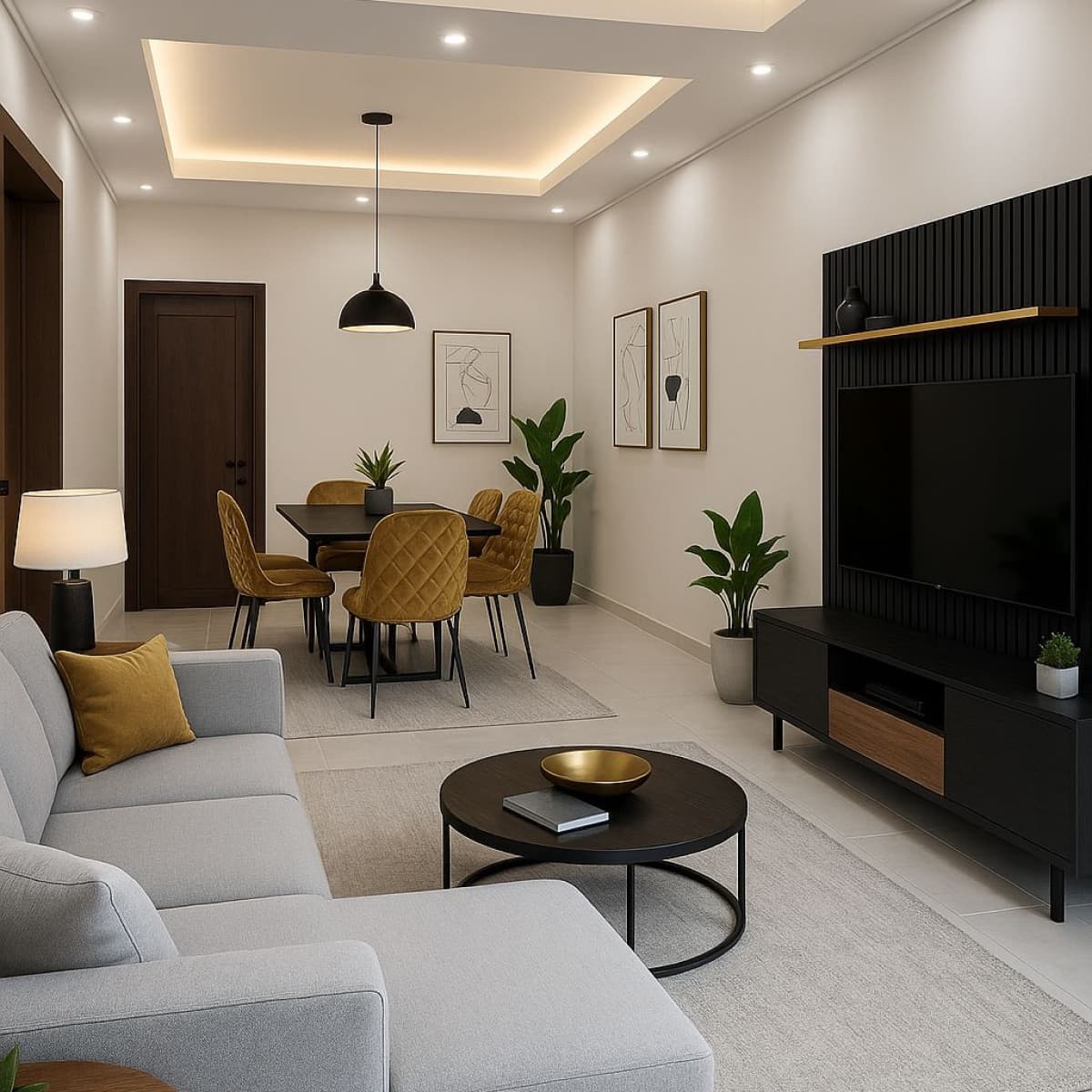 Grey living and dining room with a black media wall