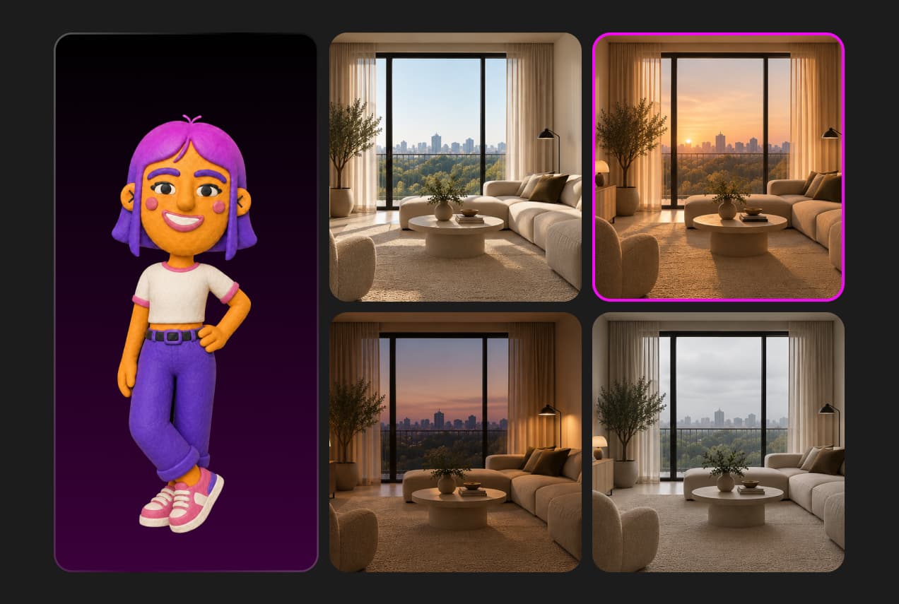 Mila recolouring a living room photo from daylight to sunset