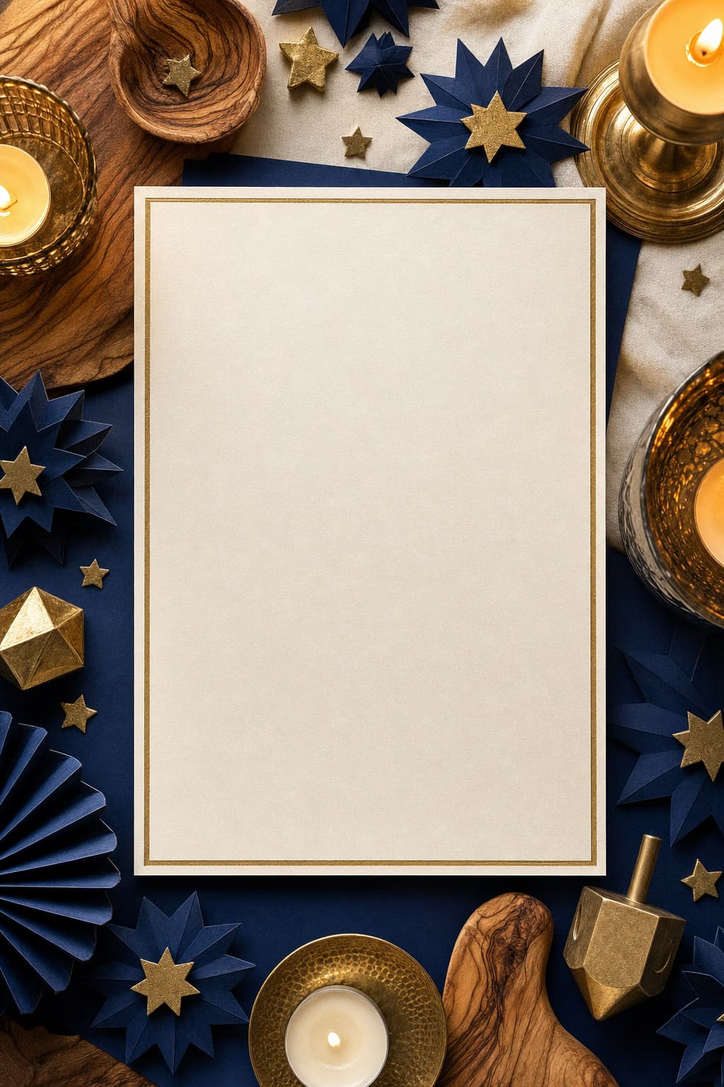 Cream card framed by blue stars, brass, and candlelight.