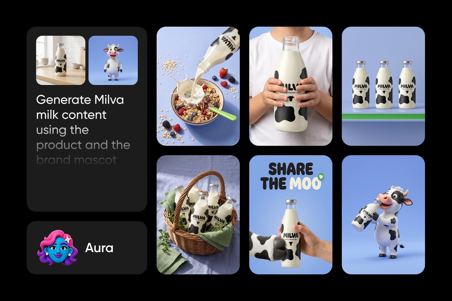 Aura, the Picsart creative super agent, turning one brief into a milk brand campaign with a cow mascot