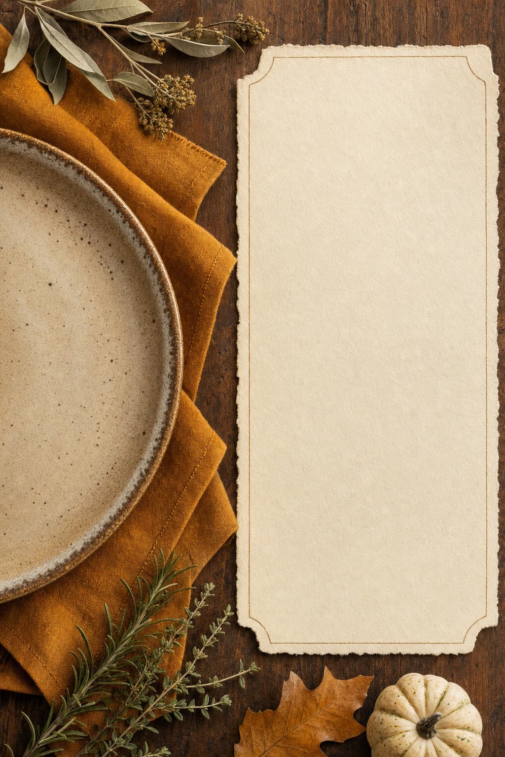 Ceramic plate and cream menu panel on an autumn table.