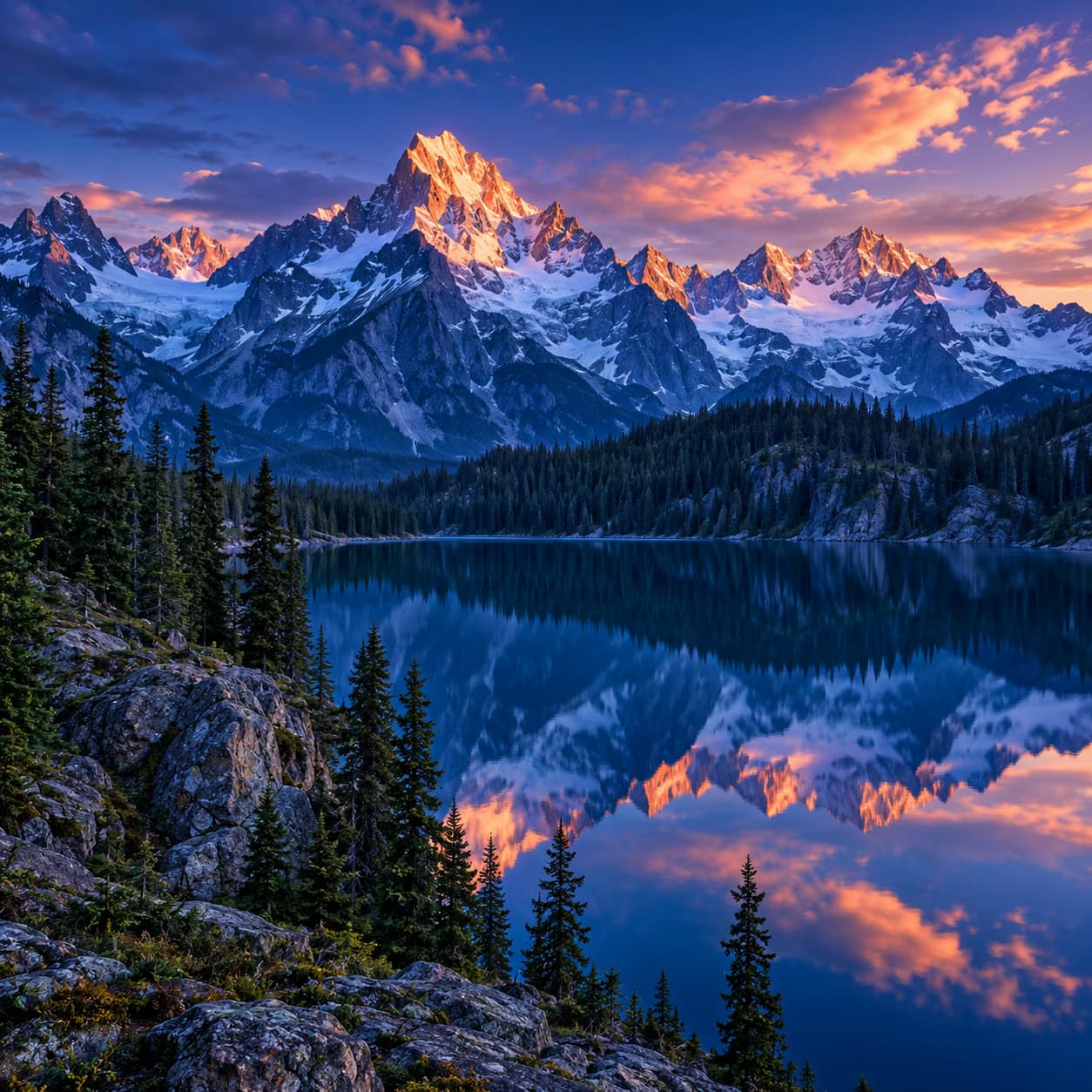 Illustrazione generata con l’AI di un lago alpino con ombre blu e riflessi color pesca