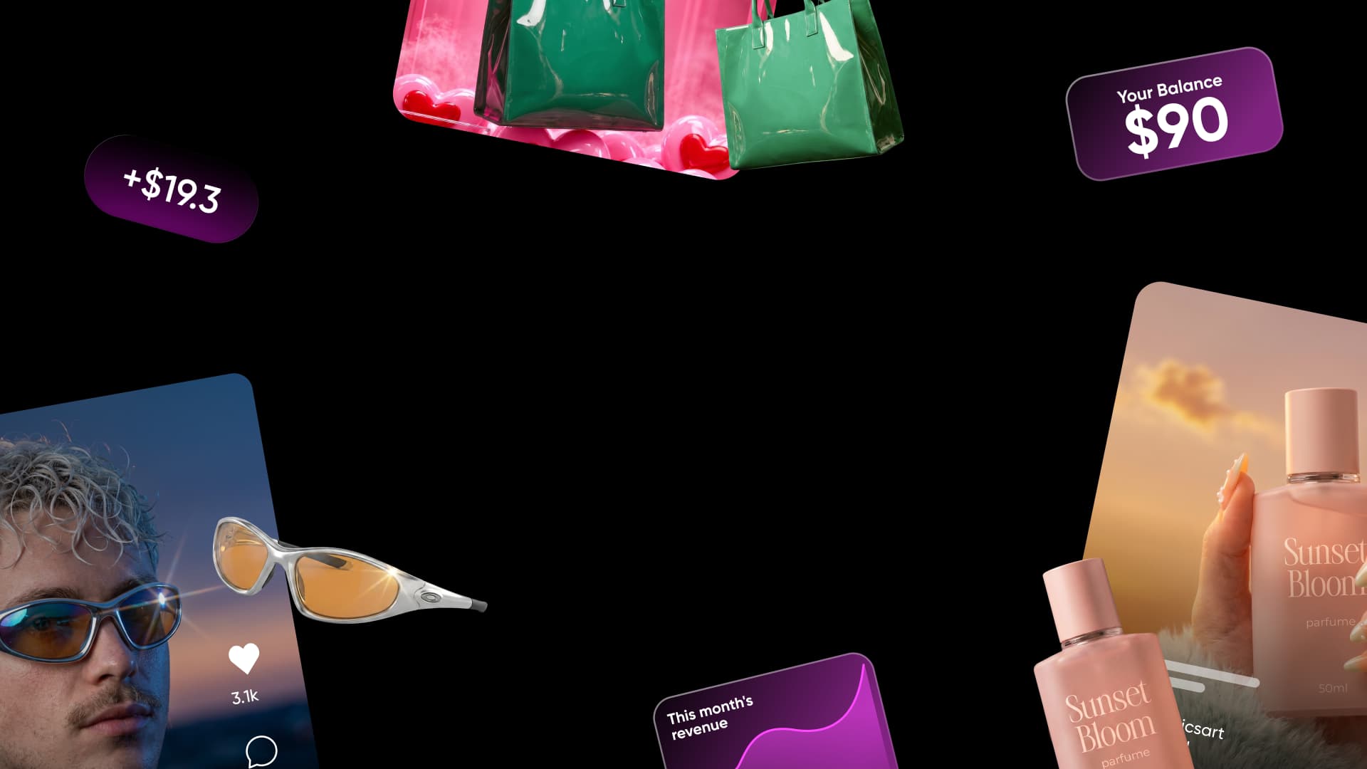 Creator posts for sunglasses, perfume, and shopping bags with a revenue balance of $90