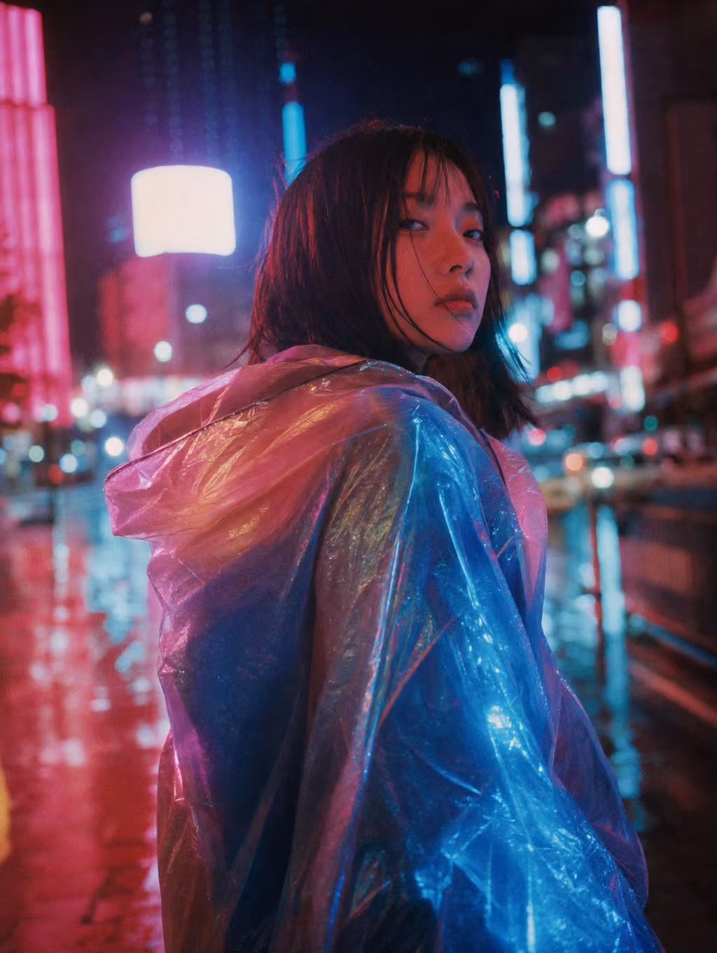 Woman in an iridescent jacket on a neon street