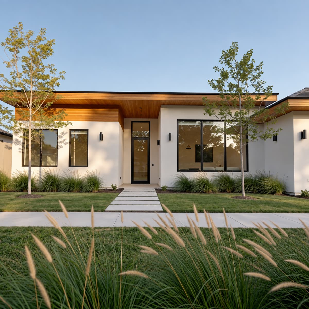 Single-storey modern house exterior with ornamental grasses