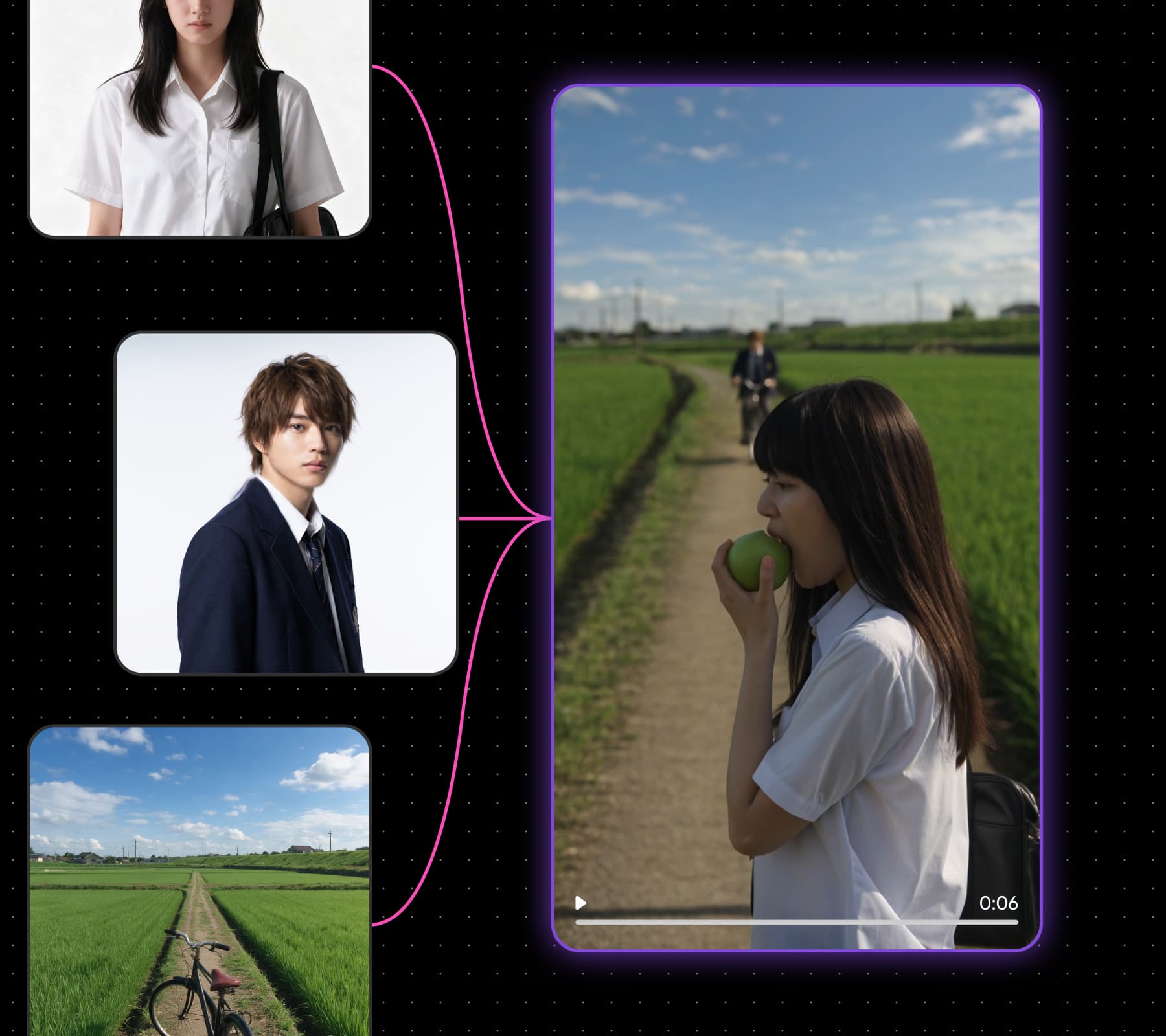 Photos and clips combined into one story video on the Picsart Flow canvas