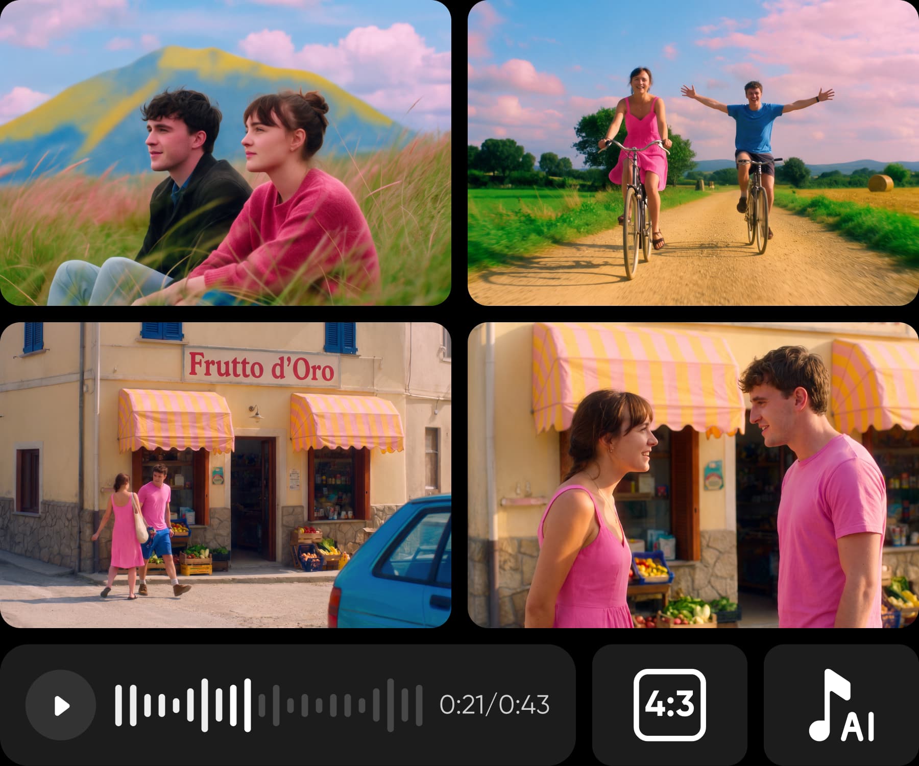 Four frames from one AI romantic comedy with a soundtrack and AI music controls